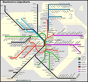 Карта метро Стокгольма. Отображает линии: Tunnelbana Gr&ouml;na, R&ouml;da, Bl&aring; Linjen; Pendelt&aring;g; Roslagsbanan; Nockebybanan; Tv&auml;rbanan; Liding&ouml;banan; Saltsj&ouml;banan.